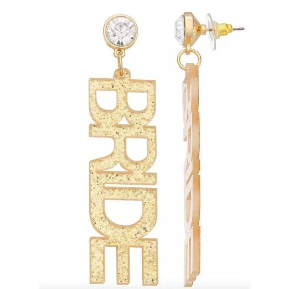 Celebrate Together Gold Tone Sparkle "Bride" Drop Earrings NWT Bachelorette Gift - Picture 1 of 5